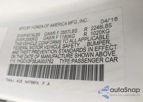 2018 Honda Accord Hybrid Ex-L from USA, damaged, VIN 1HGCV3F58JA003762